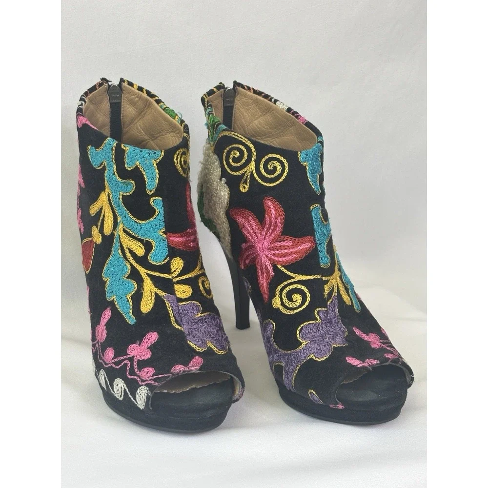 Gorgeous Colorful Floral Handmade OOAK Suzani‎ Turkey Ankle Heels 39 US 8-8.5